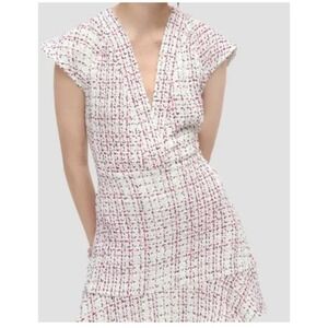 Zara NEW Large Tweed Mini Dress V Neck Flutter Sleeve Textured Ruffle Hem